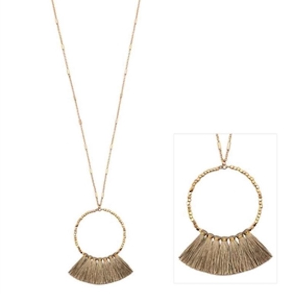 Jewelry - Beaded Hoop with Tan Fabric Tassels Necklace 36"